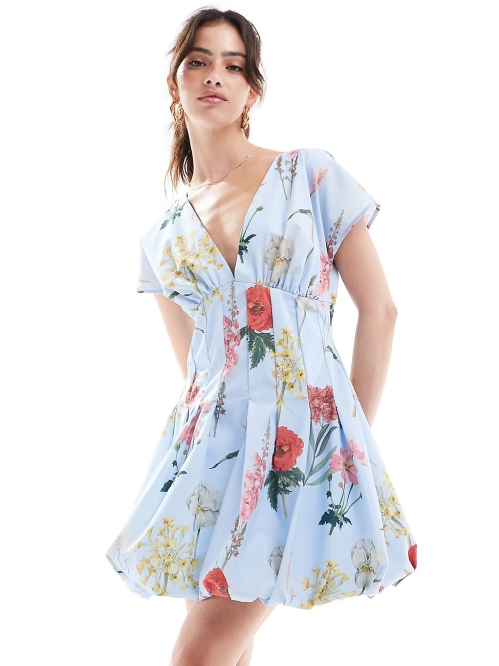 ASOS Design Short Sleeve Drop Waist Bubble Mini Hem Dress, Blue Floral – Size 6